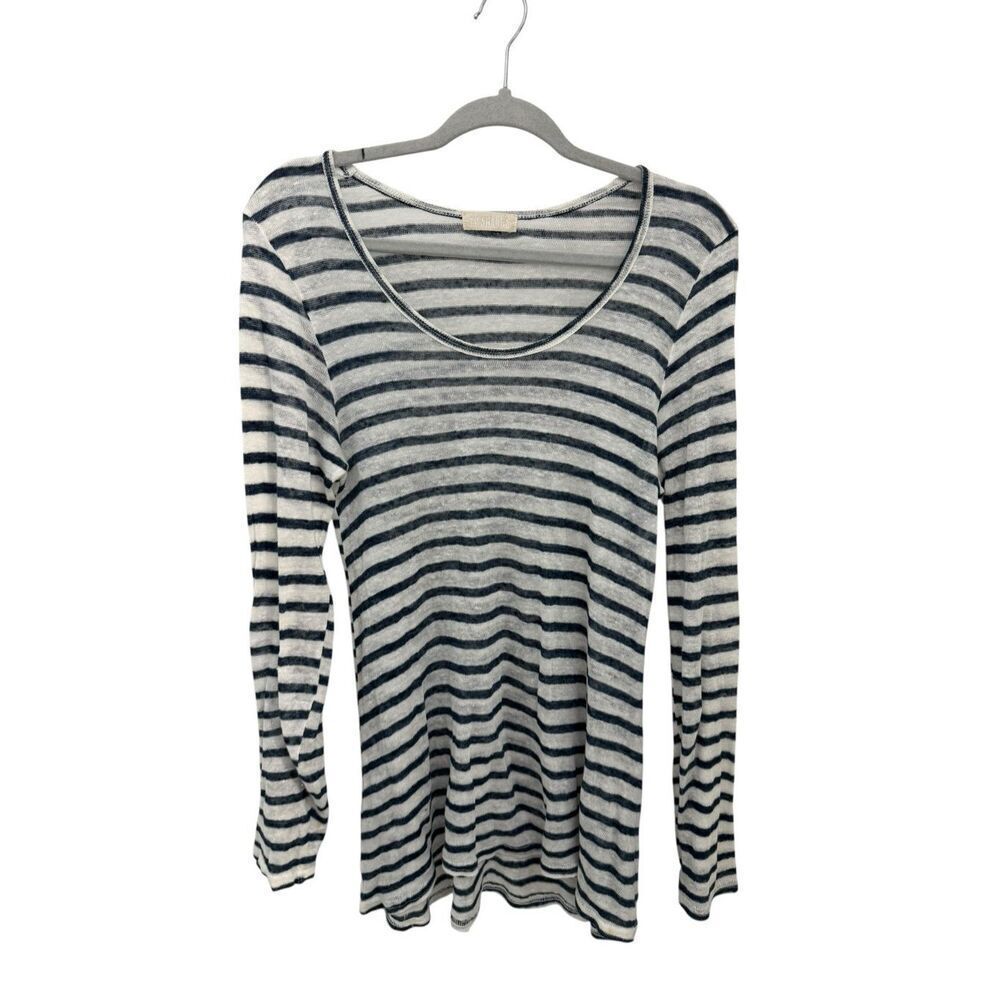 CP Shades 100% Linen Striped Shirt Size XS Navy Blue Long Sleeve Scoop Neck